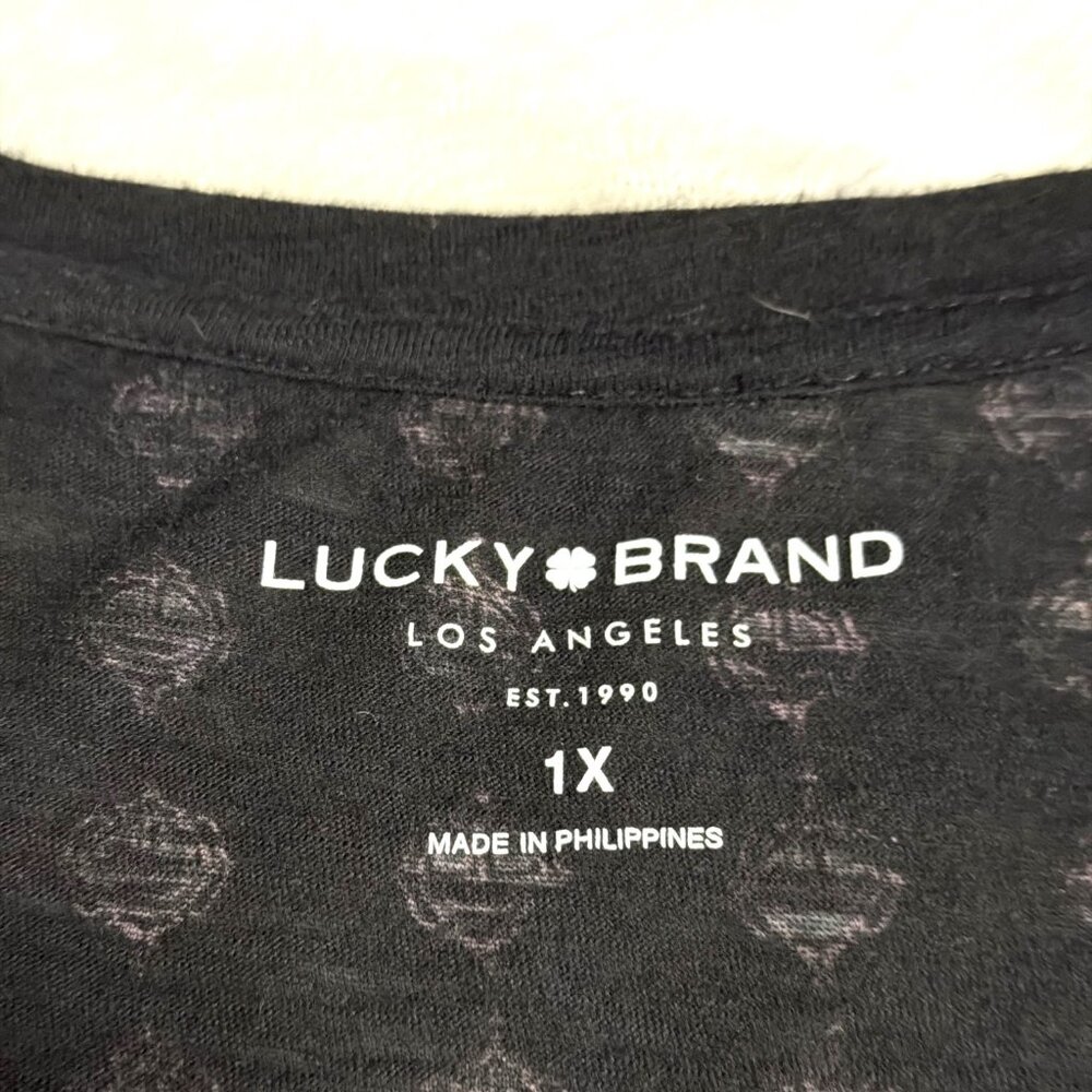 Lucky Brand Womens 1X Boho Mandala Print Short Sleeve Top Black Purple - Picture 3 of 5